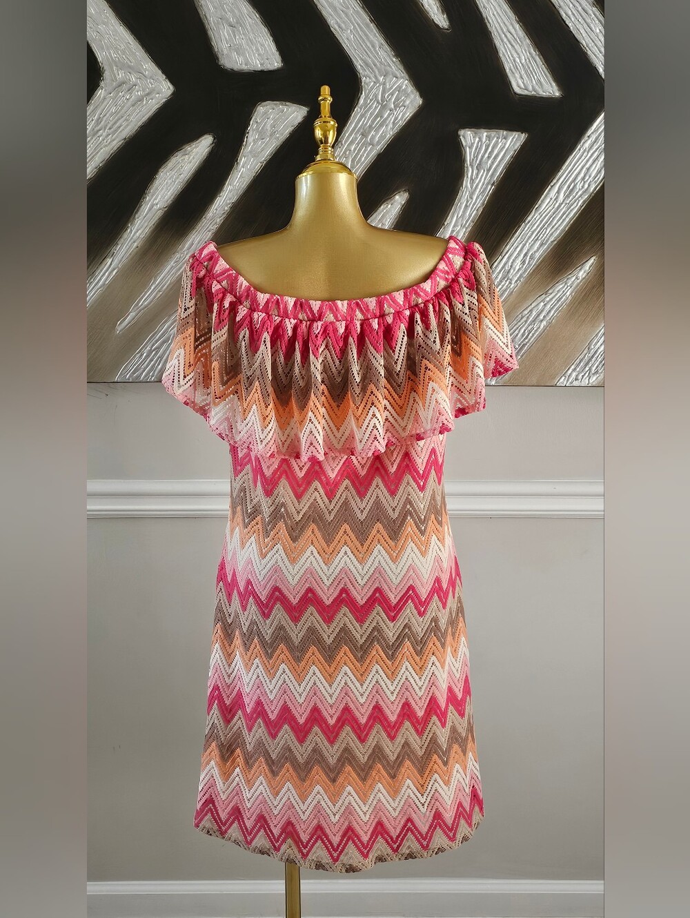 Tacera Chevron Off Shoulder Ruffle Dress Pink Orange Knit Women's Large Boho - Picture 3 of 4